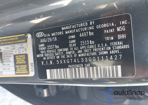 2016 Kia Optima Lx из США, поврежденный, VIN 5XXGT4L33GG111427